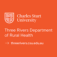 Charles Sturt University crest in white on red background with words " Three Rivers Department of Rural Health. threerivers.csu.edu.au"